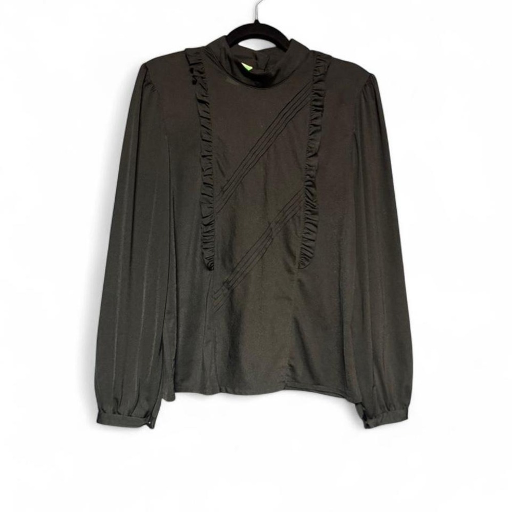 Vintage 80s Ruffle Blouse Women's Size Large Black High Neck Toyo Menka SKVT